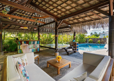 Outdoor entertaining area with a thatched cabana, lounge and pool by Build On Renovations