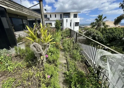 Overgrown backyard with old metal railing and uneven paving before deck build in Currumbin